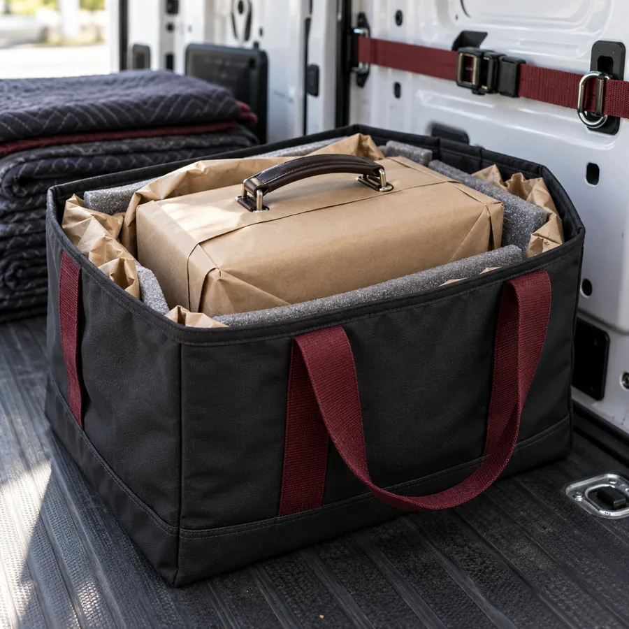 A carefully protected item secured for transport